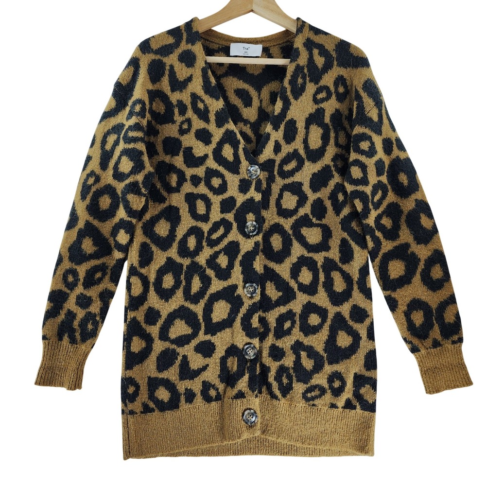 TNA Aritzia Leopard Cardigan Womens XXS Mohair Blend Long Sweater Animal Print